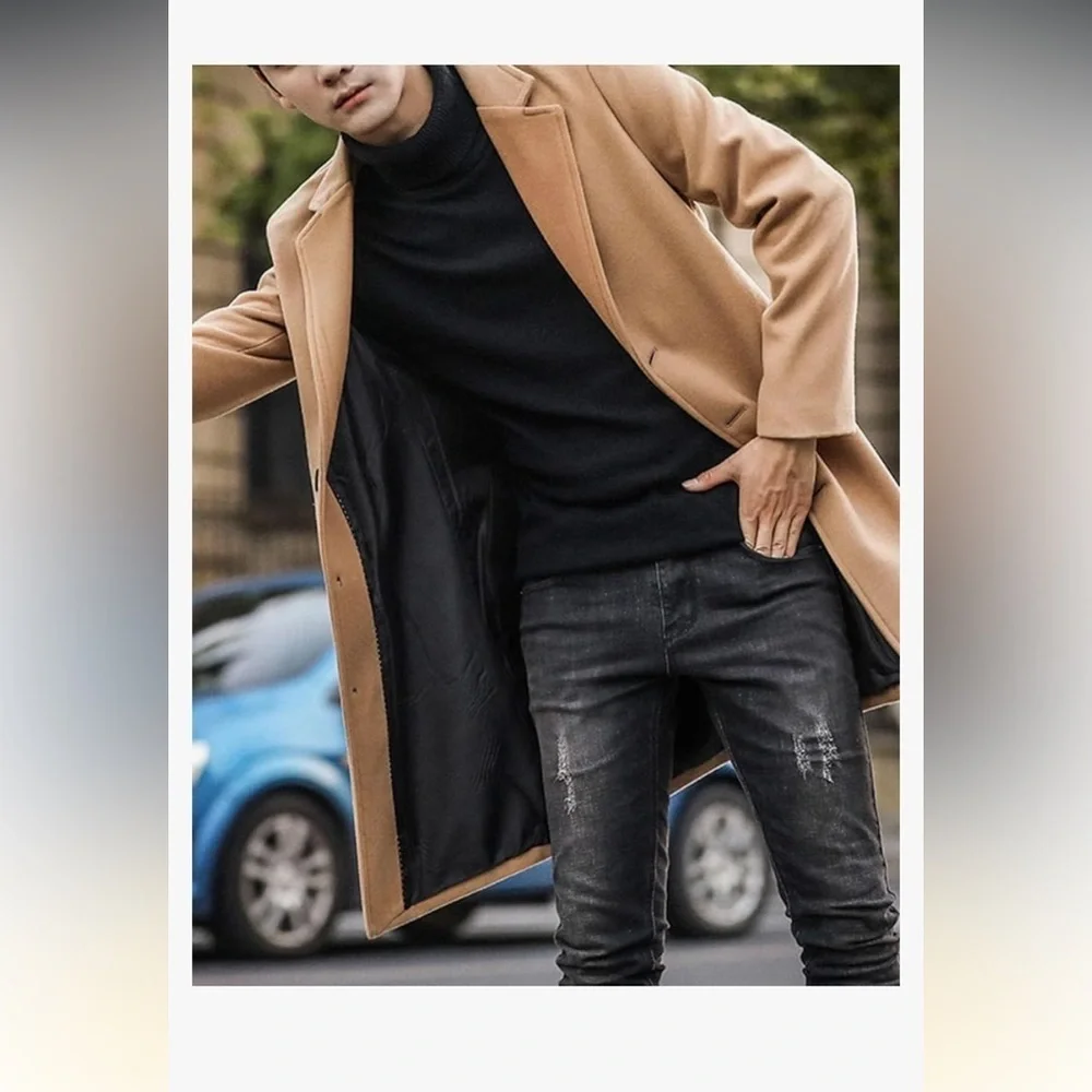 Men's Wool Blend Pea Coat Notched Collar Single Breasted Overcoat tan medium